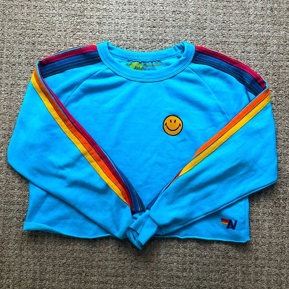 AVIATOR NATION Neon Blue Smiley Embroidered Sweatshirt | Size Medium - Picture 1 of 4
